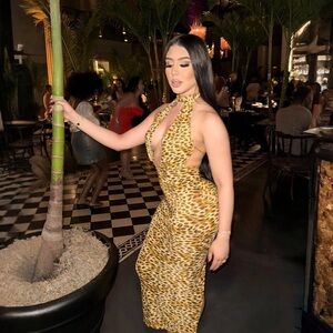 Steph Designs Backless Halter Leopard-Print Maxi Dress in Gold